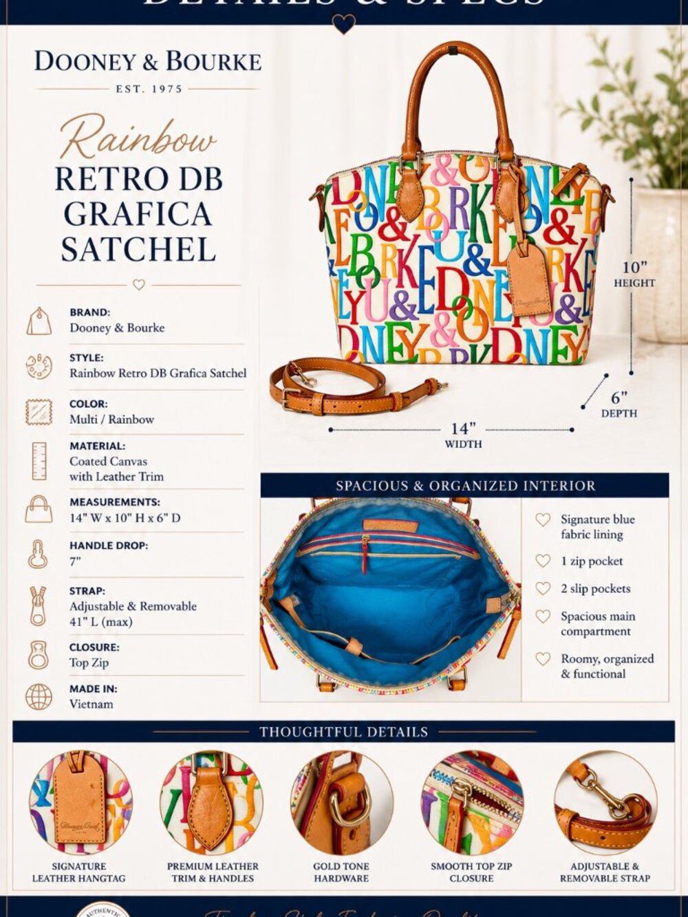 Dooney & Bourke Rainbow Retro DB Grafica Satchel Crossbody Canvas Leather Large - Picture 3 of 12